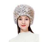 LA CARRIE Women's Faux Fur Hat for Winter with Stretch Cossack Russian Style White Warm Cap, Khaki Leopard Printed, One size