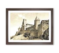 La Cite Citadel In Carcassonne France Painting Modern Art Framed Print | A4 Walnut Framed Wall Art | Ready to Hang | Modern Historical Picture | Living Room Bedroom Lounge Office