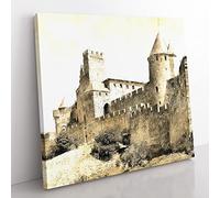 La Cite Citadel in Carcassonne France Painting Modern Canvas Wall Art Print Ready to Hang, Framed Picture for Living Room Bedroom Home Office Décor, 50x50 cm (20x20 Inch)
