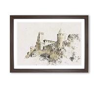 La Cite Citadel in Carcassonne France Watercolour Framed Print | A2 Walnut Framed Wall Art | Ready to Hang | Modern Historical Picture | Living Room Bedroom Lounge Office