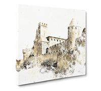 La Cite Citadel in Carcassonne France Watercolour Modern Canvas Wall Art Print Ready to Hang, Framed Picture for Living Room Bedroom Home Office Décor, 14x14 Inch (35x35 cm)