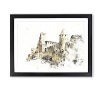 La Cite Citadel In Carcassonne France Watercolour Modern Framed Wall Art Print, Ready to Hang Picture for Living Room Bedroom Home Office Décor, Black A4 (34 x 25 cm)