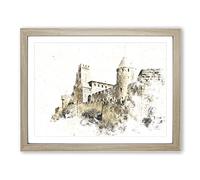 La Cite Citadel In Carcassonne France Watercolour Modern Framed Wall Art Print, Ready to Hang Picture for Living Room Bedroom Home Office Décor, Oak A4 (34 x 25 cm)