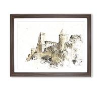 La Cite Citadel In Carcassonne France Watercolour Modern Framed Wall Art Print, Ready to Hang Picture for Living Room Bedroom Home Office Décor, Walnut A2 (64 x 46 cm)
