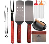 La Cuisine 8 Piece BBQ Accessories Kit with Flat Lid, Solid Perforated Spatulas, Fork, Tongs, Cast Iron Meat Press, Condiment Bottles, for Grilling Hibachi and Teppanyaki