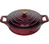 La Cuisine Enameled Cast Iron Shallow Casserole Dish Saute Pan Braising Pan 28cm Dia. 3.5 L, Internal Matte Black enamel coating, Cranberry, Gold-Plated Stainless Steel Lid Handle, Oven Safe