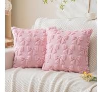 La Desire 2PCS Cushion Covers 45 x 45cm Throw Pillow Covers with Pink Bow Pattern, Pillow Case with Soft Plush Faux Fur Jacquard Decor for Bedroom, Sofa, Couch, Holiday Home Pillow