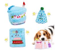 La Desire 3PCS Dog Birthday Toy Set Plush Dog Squeaky Toys with Birthday Cake & Hat, Snuffle Hide & Seek Greeting Card for Celebration (Blue)
