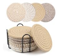 La Desire Cotton Woven Coasters Set of 8 with Holder - 4 Colors Absorbent for Table Protection, Home Decor, Coffee Table, Cups, Bar - Housewarming Gift