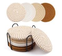 La Desire Drink Coasters with Holder, Cotton Woven Coasters Set of 8, 4 Colors Absorbent Coasters for Table Protection, Home Decor, Decoration for Coffee Table, Cups, Bar (Apricot Striped)