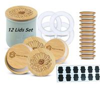 La Fermiere Yogurt Jar Lids Bamboo| 12 Pack Aster Flower Design| Bamboo Lids with Chalkboard Labels for La Fermiere Yogurt Ceramic Jars| Covers for La Fermiere Glass Yogurt Pots + Extra Sealing Rings