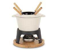 La Fonderie 1890 Cast Iron Fondue Set for 4 People Mont Joly, for Cheese and Chocolate Fondues, Splash-Proof Lid, 4 Forks with Beech Wood Handles, Capacity 1.2L, Beige