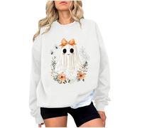 La Girl Women's Crew Neck Sweatshirt Long Sleeves Halloween Print Casual Pullover Top for Winter Daily Wear Outfits Women's Jumper Pullover V-Neck, White, XL