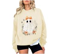 La Girl Women's Crew Neck Sweatshirt Long Sleeves Halloween Print Casual Pullover Top for Winter Daily Wear Outfits Women's Jumper Pullover V-Neck, beige, XXL