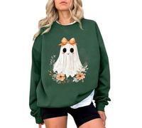 La Girl Women's Crew Neck Sweatshirt Long Sleeves Halloween Print Casual Pullover Top for Winter Daily Wear Outfits Women's Jumper Pullover V-Neck, Green, XXL