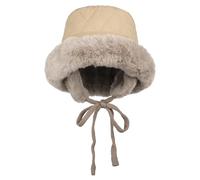 LA HUATE Winter Warm Down Cotton Bucket Hat Faux Fur Trimmed Fisherman Cap Windproof Earflap Hat Tie Under Chin for Women Girls Khaki