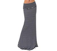 LA HUATE Women's Summer High Waist Maxi Skirt Fold Over Elastic Waist Long Skirt Black and White Striped Beach Skirt