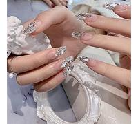 La Jolie Jasmin Long Luxury 3D Bling Glitter Pink Nude Fake Nails with Rhinestones French Sharp Pointed Finger Press on Nail Kit Acrylic Nail Tips, 24 Pieces