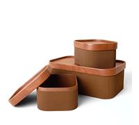 LA JOLIE MUSE Fluted Cardboard Storage Baskets with Leather-Like Lids, Sturdy Stackable Paper Boxes Decorative Tray, Chocolate Brown, Set of 3
