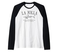 La Jolla California Vintage Shark Black Art Outline Raglan Baseball Tee
