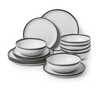 La Joventino 18PCS Vintage Grey Rim Melamine Dinner Set for 6 People, Durable Camping Plates and Bowls Set Dinnerware Sets for Outdoor Use