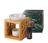 La Madera Bamboo Wooden Oil Burner Wax Melt Burner Oil Diffuser with Ceramic Candle Holder and 10 ml Bottle of 100% Pure Sandalwood Oil (White)