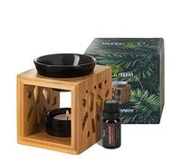 La Madera Bamboo Wooden Oil Burner Wax Melt Burner Oil Diffuser with Ceramic Candle Holder and 10 ml Bottle of 100% Pure Sandalwood Oil (Black)