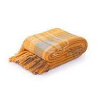 La Maison 100% Indian Cotton Check Pattern Large Batten Throwover Sofa Throw Multicoloured Bed Throw Woven Handloom Tassel Armchair Decorative Blanket (Ochre/Grey, 228cm x 254cm / 90" x 100")