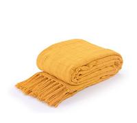 La Maison 100% Indian Cotton Large Batten Throwover Sofa Throw Bed Throw Woven Handloom Tassel Armchair Decorative Blanket (Mustard/Ochre, 178cm x 254cm / 70" x 100")