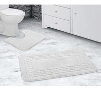 La Maison Bathroom Rug Set 2 Piece Greek Key Scroll Non Slip Bath Mat and Pedestal Mat Set Quick Dry Shower Bath Super Soft Toilet Mat Set (White)