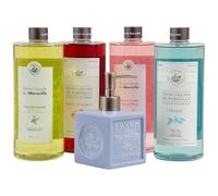 La Maison du Savon De Marseille - French Liquid Soap with Organic Olive Oil - Hand Wash - Comes with Blue Ceramic Dispenser - 1 Litre Refills - Set of 4 - Various Fragrances