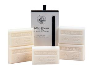 La Maison du Savon de Marseille - French Soaps - Organic Shea Butter Skincare Gift Set - White Collection - Sweet Almond - Cotton Flower - Lily of the Valley - White Musk - Coconut - 5 x 125g Bars