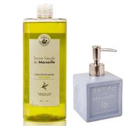 La Maison Du Savon De Marseille - Organic Verbena Liquid Soap with Refillable Blue Ceramic Soap Dispenser - Kitchen and Bathroom Accessories for Home - 1 Litre Refill and 300 Millilitre Dispenser