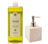 La Maison Du Savon De Marseille - Organic Verbena Liquid Soap with Refillable White Ceramic Soap Dispenser - Kitchen and Bathroom Accessories for Home - 1 Litre Refill and 300 Millilitre Dispenser