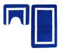 La Maison Non Slip Striped 2 Piece Bath Mat & Pedestal Mat Geo Square Stripe Plain Colours (Blue)