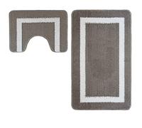 La Maison Non Slip Striped 2 Piece Bath Mat & Pedestal Mat Geo Square Stripe Plain Colours (Grey)