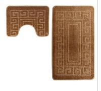 La Maison Non Slip Striped 2 Piece Bath Mat & Pedestal Mat Greek Key Scroll Plain Colours (Beige)