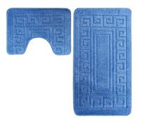 La Maison Non Slip Striped 2 Piece Bath Mat & Pedestal Mat Greek Key Scroll Plain Colours (Blue)