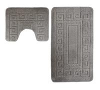 La Maison Non Slip Striped 2 Piece Bath Mat & Pedestal Mat Greek Key Scroll Plain Colours (Silver)