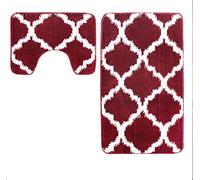 La Maison Non Slip Striped 2 Piece Bath Mat & Pedestal Mat Lattice Geometric Bath Set (Burgundy)