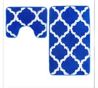 La Maison Non Slip Striped 2 Piece Bath Mat & Pedestal Mat Lattice Geometric Bath Set (Royal Blue)