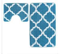 La Maison Non Slip Striped 2 Piece Bath Mat & Pedestal Mat Lattice Geometric Bath Set (Teal)