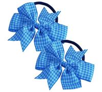 La Petite Fille 2 x 'Flat Fan' Bow Hair Bobbles | Hair Elastic | School Hair | Gingham Ribbon (Blue & White)