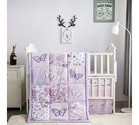 La Premura Crib Bedding Set for Girls - Lilac Butterfly 3 Piece Standard Size Crib Bedding Sets for Baby Girl, Pastel Pink and Purple