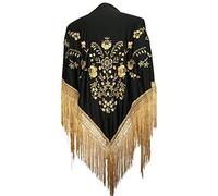 La Senorita Spanish Flamenco Dance Shawl Black Gold with golden Fringes Large