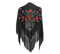 La Senorita Spanish Flamenco Dance Shawl Black with various colored flowers