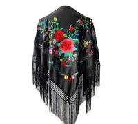 La Senorita Spanish Flamenco Dance Shawl Black with various colored flowers triangle