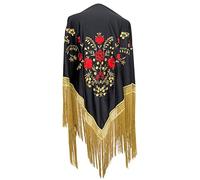La Senorita Spanish Manton Scarf Embroidered Flamenco Cloths for Fair, Sevillana or Flamenco Dress [160 x 80 cm] Ideal Size for All Ages [Girls & Women], black, M