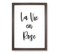 La Vie En Rose Typography Framed Print | A2 Walnut Framed Wall Art | Ready to Hang | Modern Floral Picture | Living Room Bedroom Lounge Office