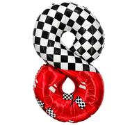 Laackys 1 pack racing theme 40-inch digital foil balloon, featuring black and white checkered pattern and red racing elements, perfect for birthday party decorations and racing-themed events. (8)